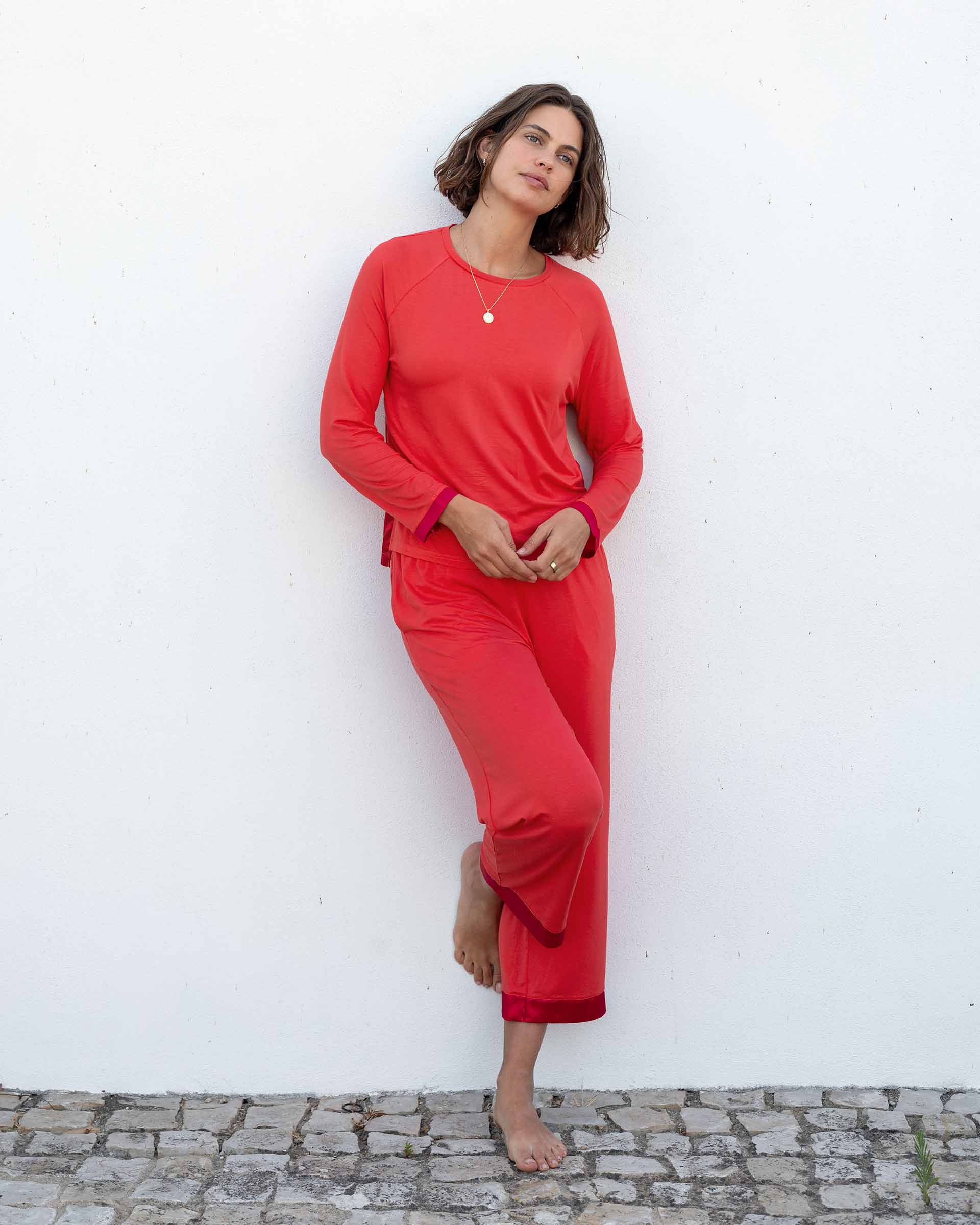 Satin Sailor Modal Pajama Set - Hot Coral